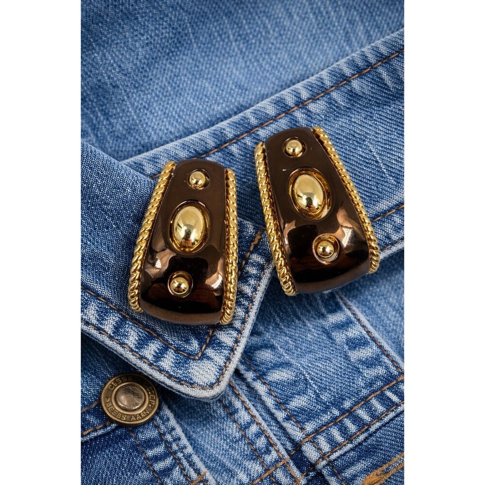 Vintage Gold Brown Enamel Clip Earrings Studded Mid Century Style Statement